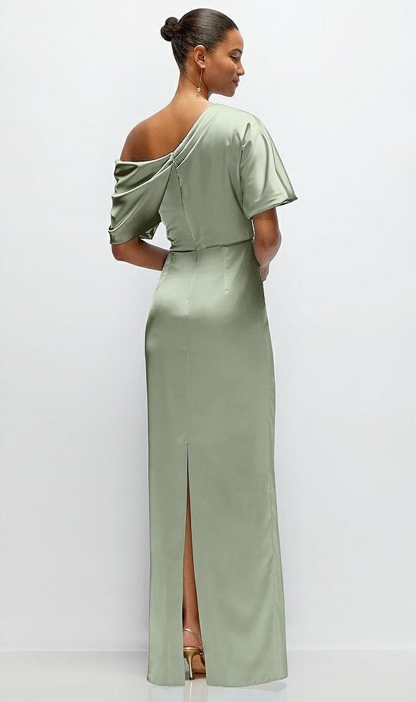 Back View - Sage Asymmetrical Off-the-Shoulder Pleated Satin Maxi Dress