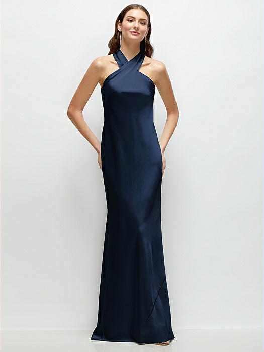 Pleated Halter Bias Satin Maxi Dress with Self-Tie Bow Back