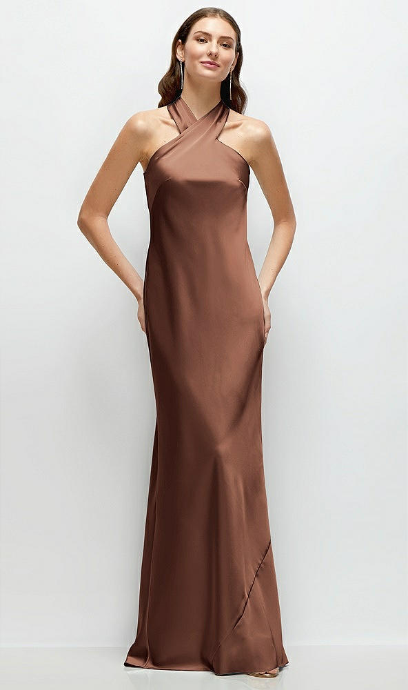 pleated halter bias satin maxi dress with self-tie bow back