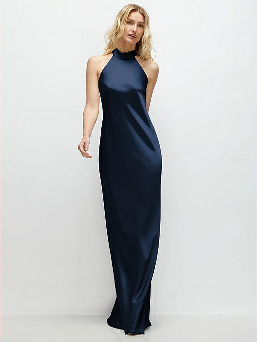 Stand Collar Bias Satin Maxi Dress with Self-Tie Bow Back