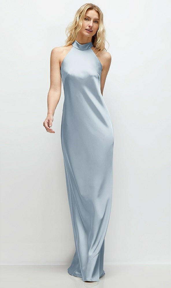 Front View - Mist Stand Collar Bias Satin Maxi Dress with Self-Tie Bow Back