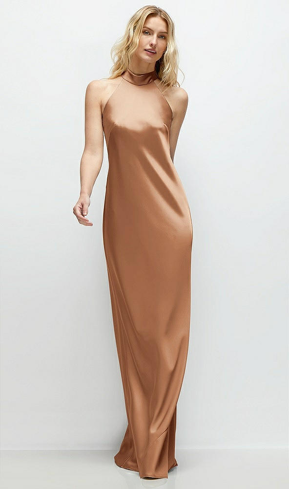 Front View - Toffee Stand Collar Bias Satin Maxi Dress with Self-Tie Bow Back