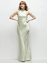 Front View Thumbnail - Vintage Primrose Celadon Floral Stand Collar Bias Satin Maxi Dress with Self-Tie Bow Back