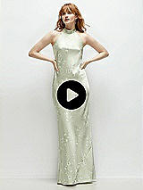 Video 1 Thumbnail - Vintage Primrose Celadon Floral Stand Collar Bias Satin Maxi Dress with Self-Tie Bow Back