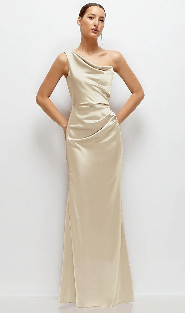 Front View - Champagne One-Shoulder Cat-Eye Neckline Fit and Flare Satin Maxi Dress