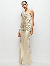 Side View Thumbnail - Champagne One-Shoulder Cat-Eye Neckline Fit and Flare Satin Maxi Dress