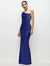 Side View Thumbnail - Cobalt Blue One-Shoulder Cat-Eye Neckline Fit and Flare Satin Maxi Dress