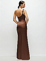 Rear View Thumbnail - Cognac One-Shoulder Cat-Eye Neckline Fit and Flare Satin Maxi Dress