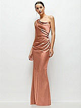 Side View Thumbnail - Copper Penny One-Shoulder Cat-Eye Neckline Fit and Flare Satin Maxi Dress