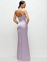 Rear View Thumbnail - Lilac Haze One-Shoulder Cat-Eye Neckline Fit and Flare Satin Maxi Dress