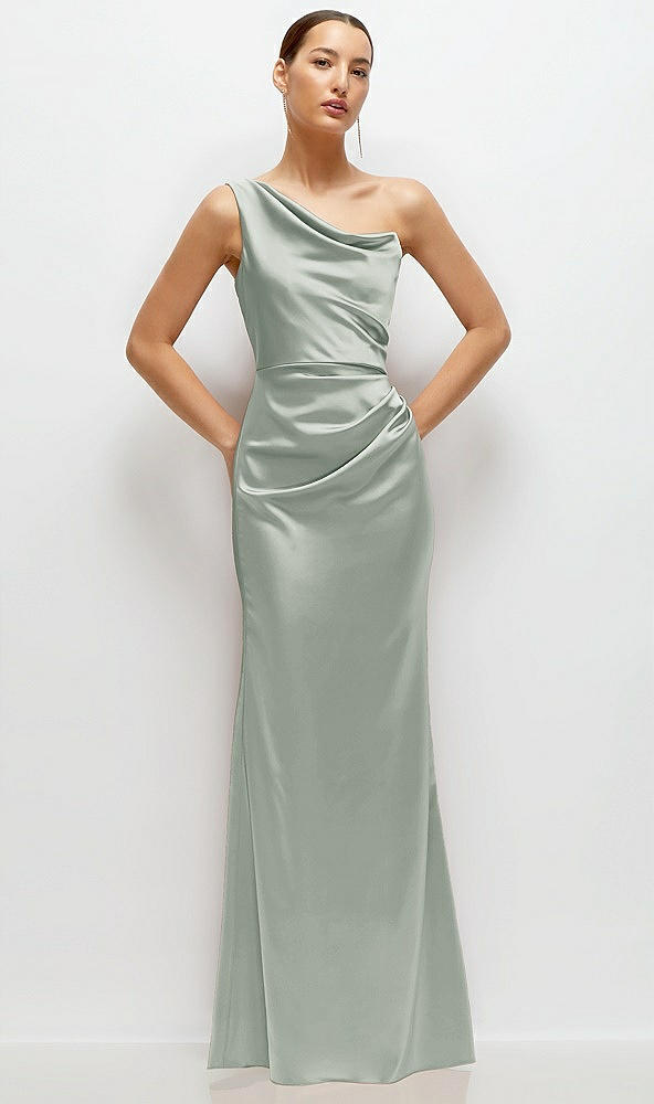 Front View - Willow Green One-Shoulder Cat-Eye Neckline Fit and Flare Satin Maxi Dress