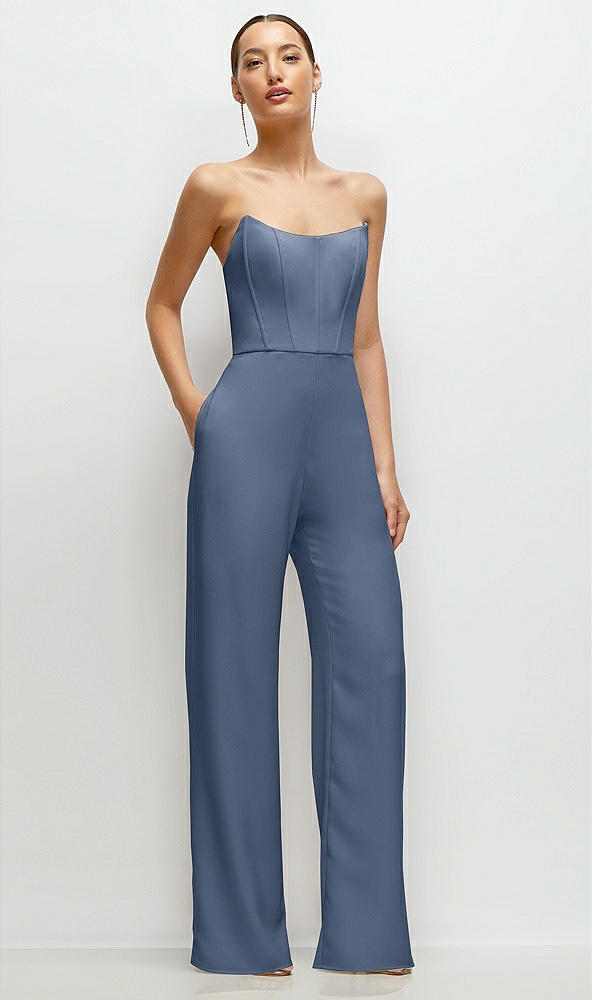 Front View - Larkspur Blue Strapless Cat-Eye Corset Crepe Wedding Jumpsuit