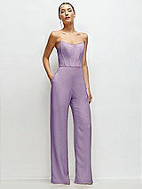 Front View Thumbnail - Pale Purple Strapless Cat-Eye Corset Crepe Wedding Jumpsuit