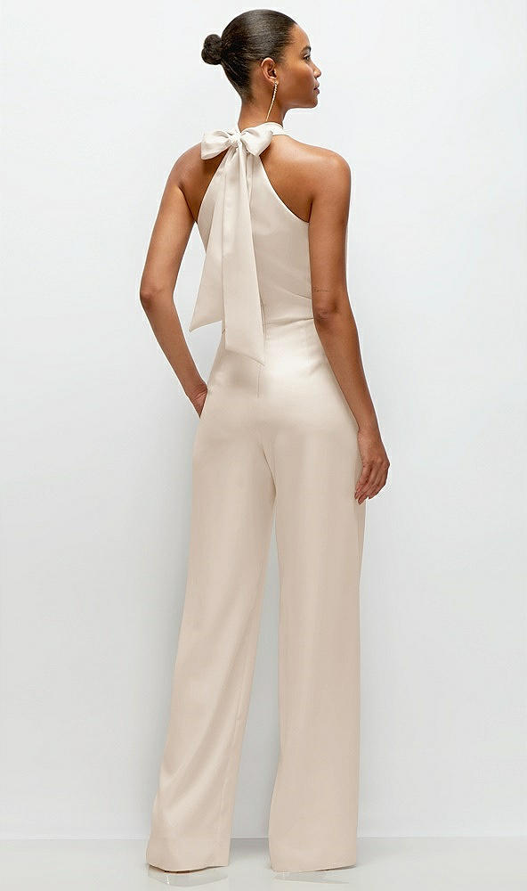 Back View - Oat Pleated Halter Blouson Crepe Wedding Jumpsuit with Self-Tie Bow Back