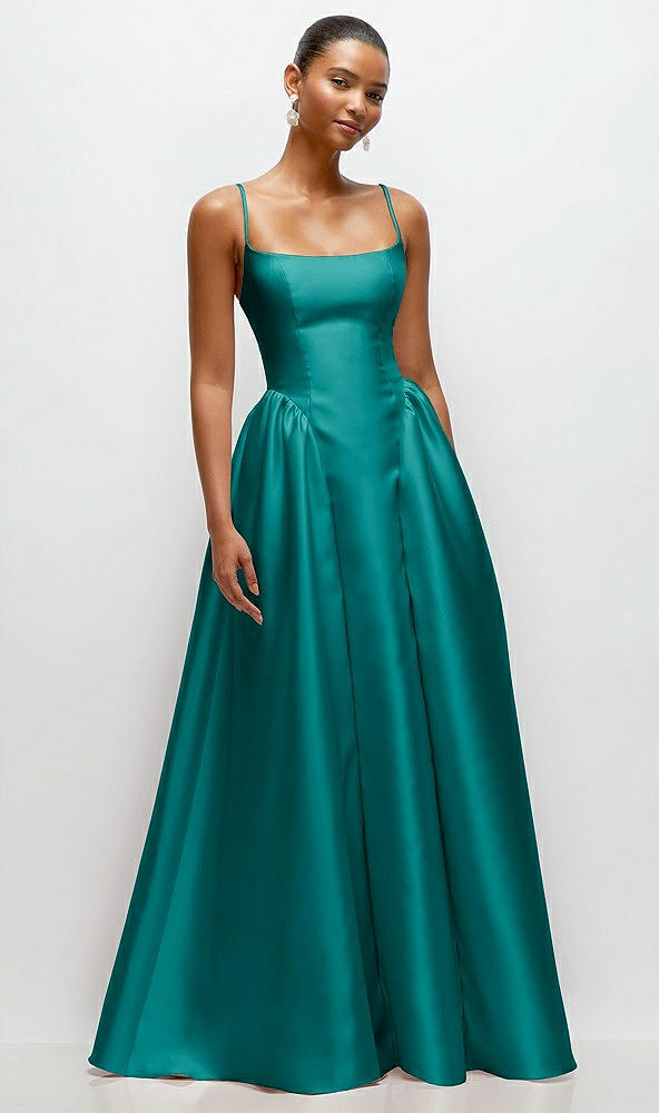 Front View - Jade Scoop Neck Drop Basque Skirt Satin Maxi Dress with Pockets