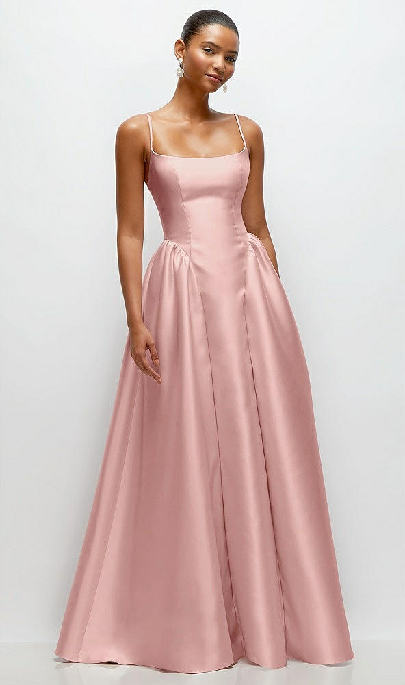 Front View - Rose Scoop Neck Drop Basque Skirt Satin Maxi Dress with Pockets