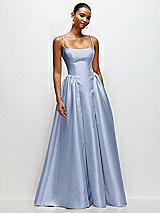 Front View Thumbnail - Sky Blue Scoop Neck Drop Basque Skirt Satin Maxi Dress with Pockets