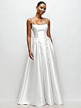 Front View Thumbnail - White Scoop Neck Drop Basque Skirt Satin Maxi Dress with Pockets