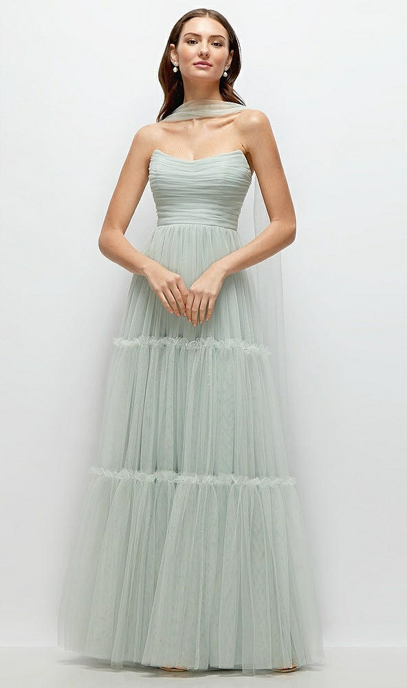 Front View - Willow Green Strapless Cat-Eye Neu Tulle Tiered Maxi Dress with Convertible Sash