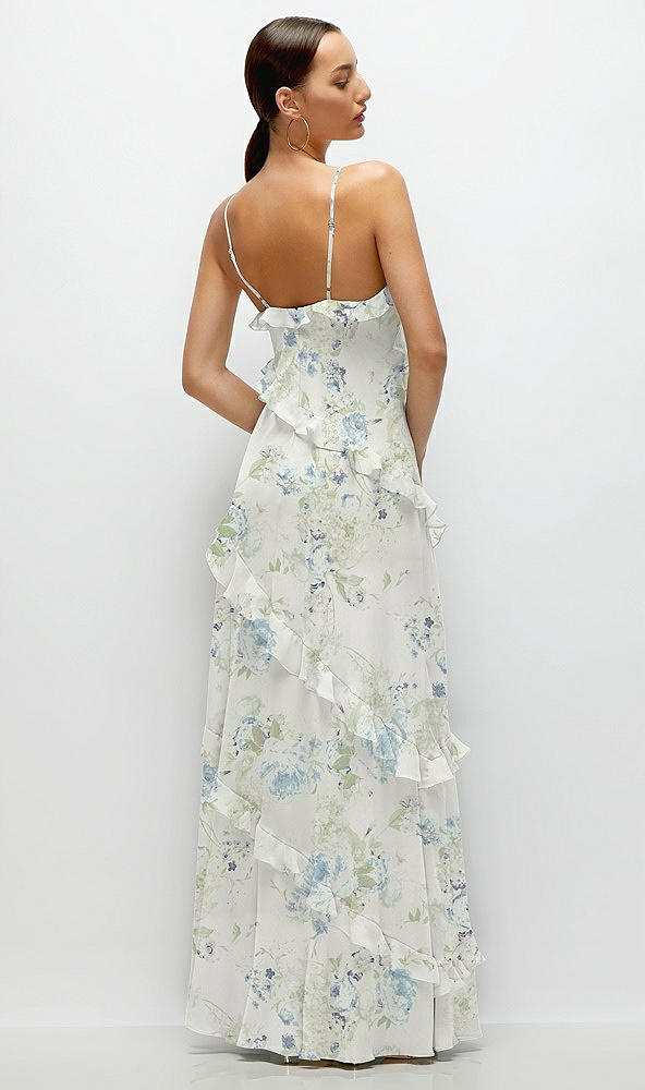 Back View - Bleu Garden Asymmetrical Ruffle Chiffon Bias Slip Maxi Dress