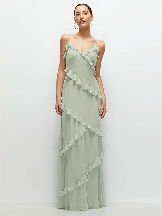 Asymmetrical Ruffle Chiffon Bias Slip Maxi Dress