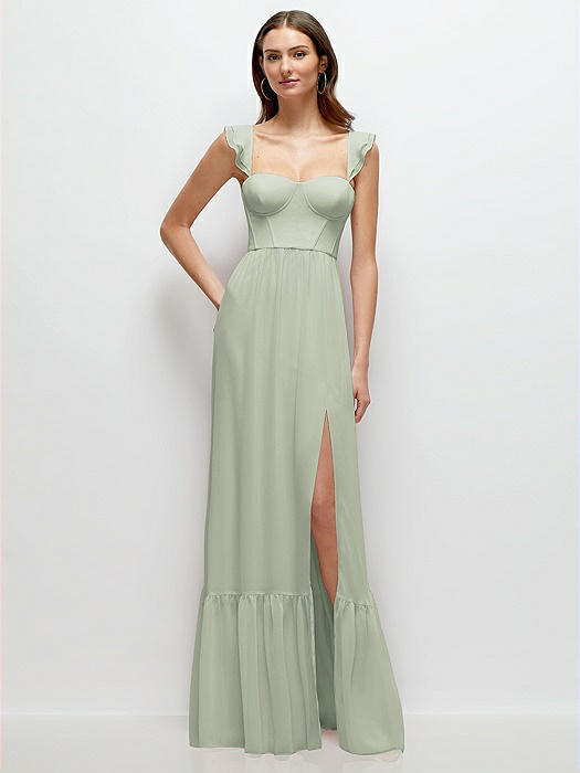 Ruffle Strap Chiffon Bustier Maxi Dress with Ruffle Hem A-Line Skirt