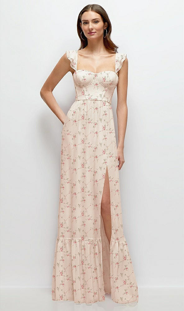 Front View - Coquette Floral Print Ruffle Strap Chiffon Bustier Maxi Dress with Ruffle Hem A-Line Skirt