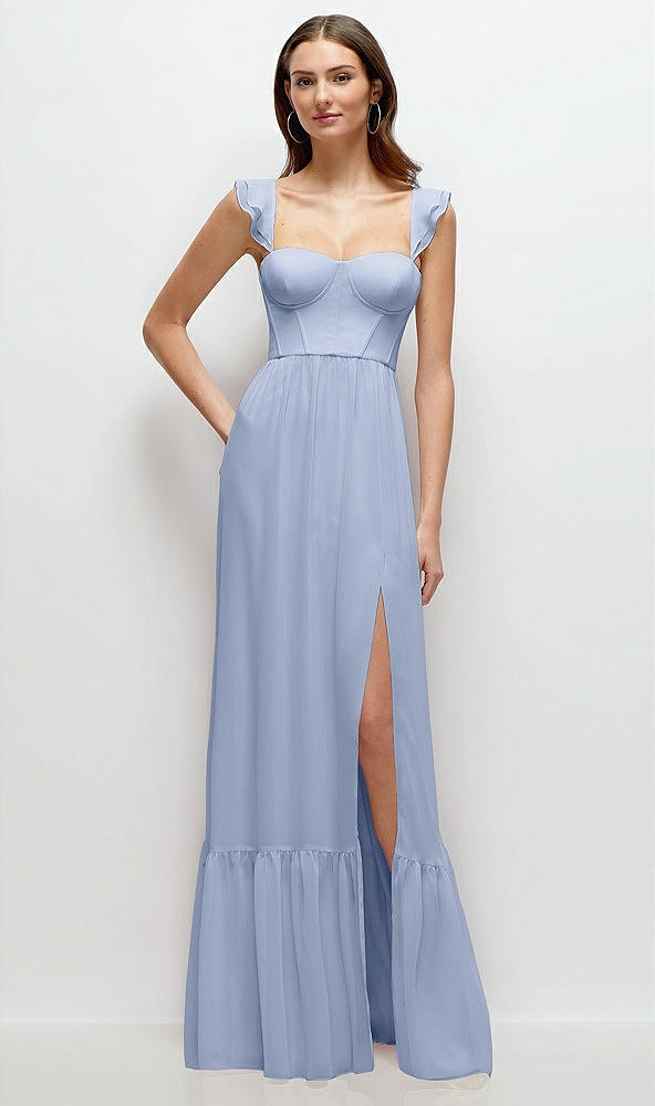 Front View - Sky Blue Ruffle Strap Chiffon Bustier Maxi Dress with Ruffle Hem A-Line Skirt