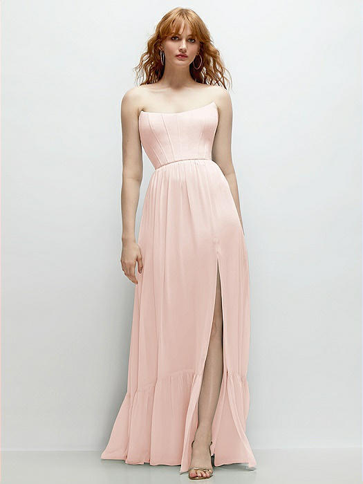 Strapless Cat-Eye Corset Maxi Dress with Ruffle Hem A-Line Skirt