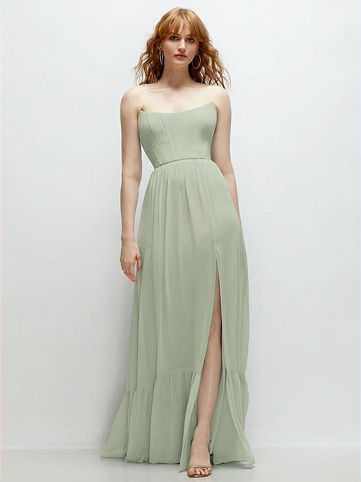 Strapless Cat-Eye Corset Maxi Dress with Ruffle Hem A-Line Skirt