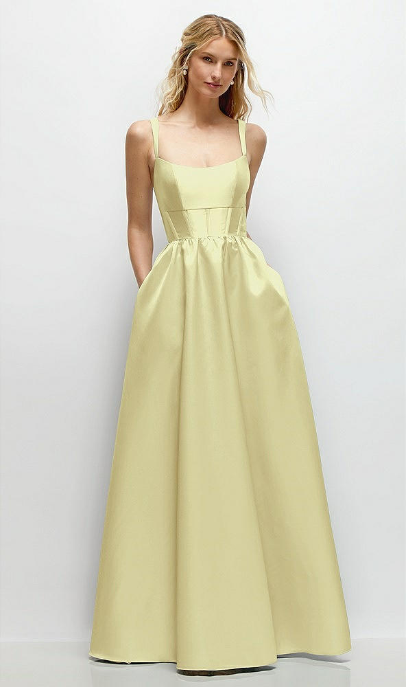 Front View - Butter Yellow Scoop Neck Inset Corset Satin Maxi Dress with Pockets