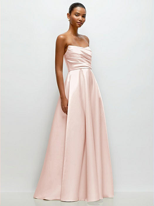 Strapless Draped Cat-Eye Satin Maxi Dress with Full Skirt