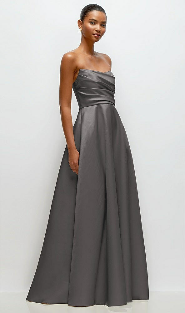 Front View - Caviar Gray Strapless Draped Cat-Eye Satin Maxi Dress with Full Skirt