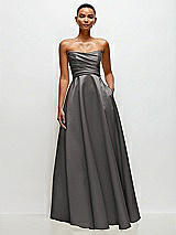 Side View Thumbnail - Caviar Gray Strapless Draped Cat-Eye Satin Maxi Dress with Full Skirt