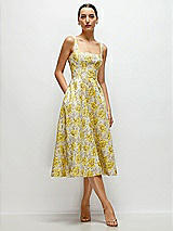 Front View Thumbnail - Golden Yellow Golden Yellow Square Neck Floral Jacquard Midi Dress