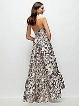 Rear View Thumbnail - Indigo Midnight Strapless Cat-Eye Corset Gilt Indigo Brocade Floral High-Low Dress with Ruffle Hem