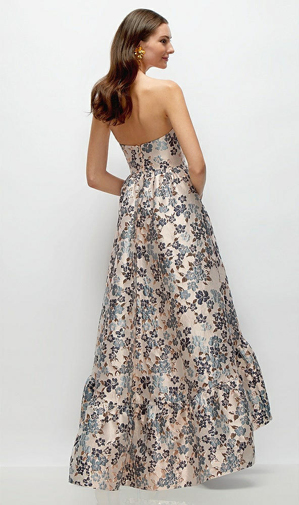 Back View - Indigo Midnight Strapless Cat-Eye Corset Gilt Indigo Brocade Floral High-Low Dress with Ruffle Hem