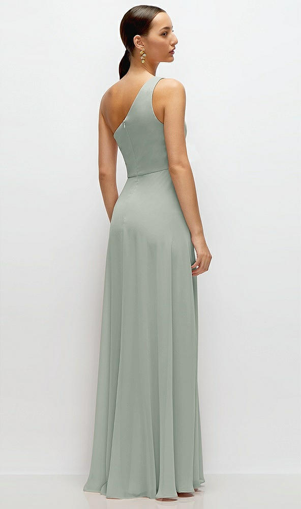 Back View - Willow Green Chiffon One-Shoulder Maxi Dress with Circle Skirt