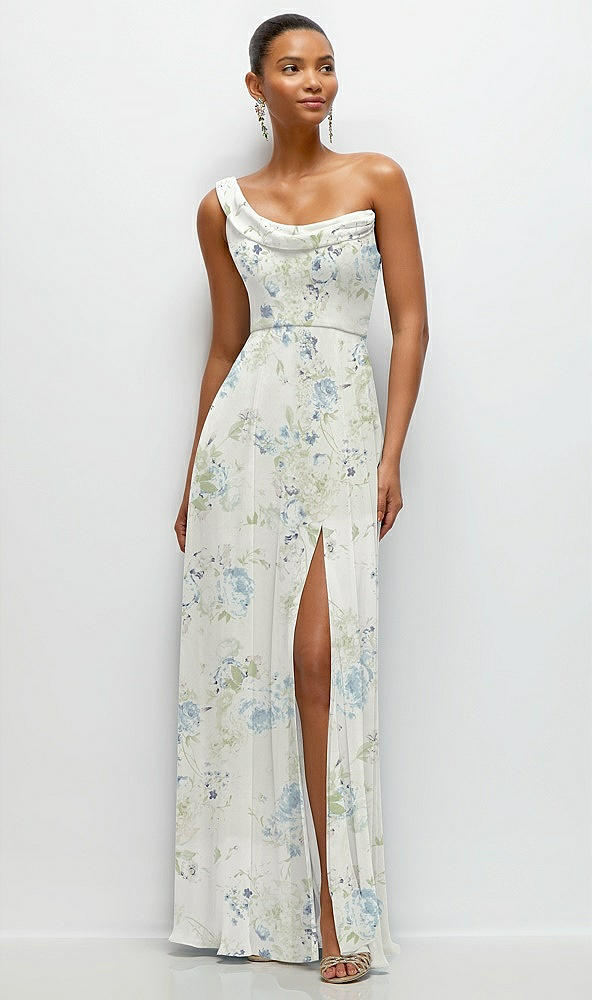 Front View - Bleu Garden Chiffon One-Shoulder Maxi Dress with Draped Cowl Neckline