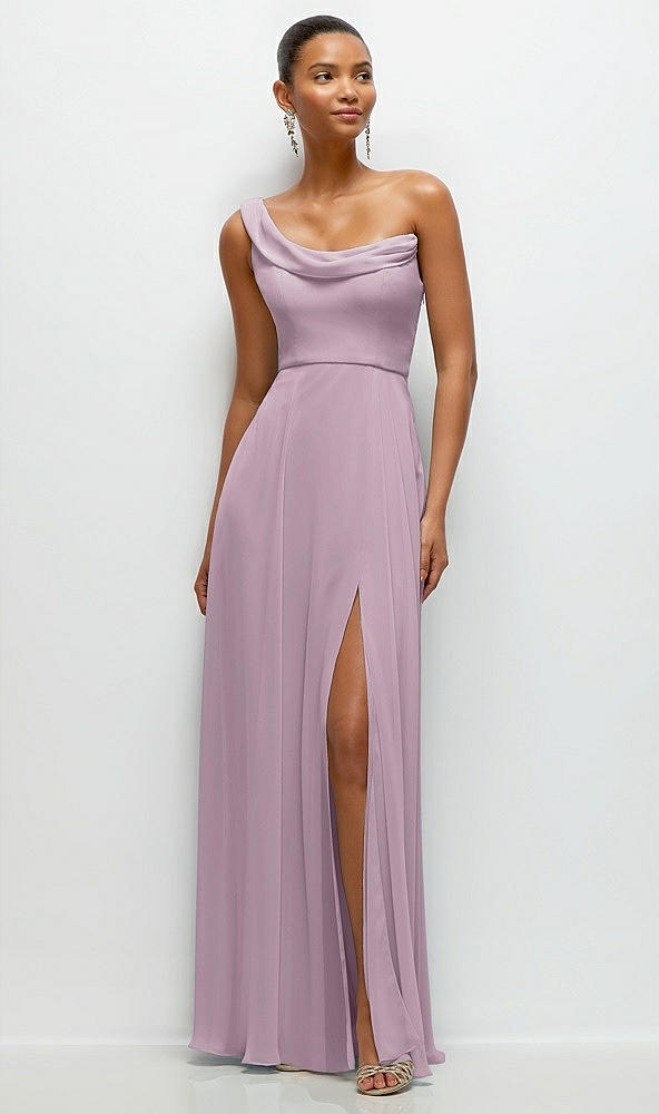 Front View - Suede Rose Chiffon One-Shoulder Maxi Dress with Draped Cowl Neckline