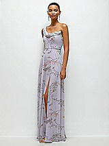 Side View Thumbnail - Butterfly Botanica Silver Dove Chiffon One-Shoulder Maxi Dress with Draped Cowl Neckline