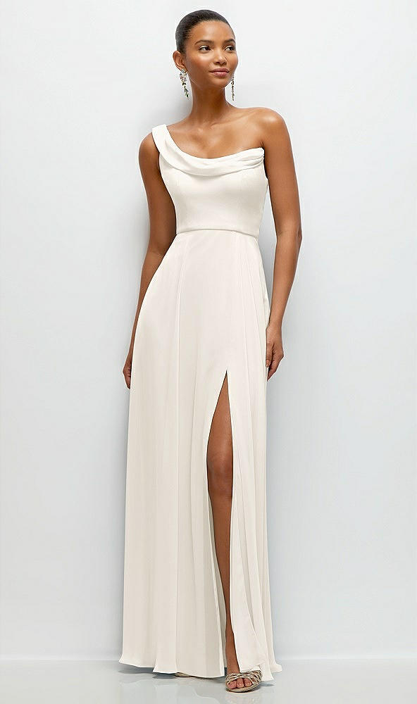 Front View - Ivory Chiffon One-Shoulder Maxi Dress with Draped Cowl Neckline