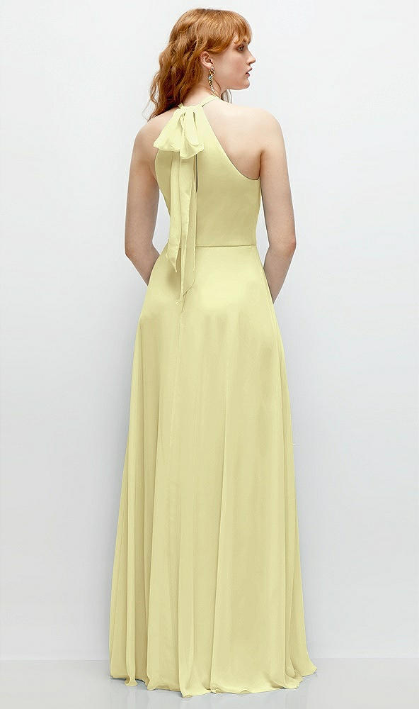 Back View - Butter Yellow Shirred Halter Chiffon Maxi Dress with Back Sash-Tie Closure