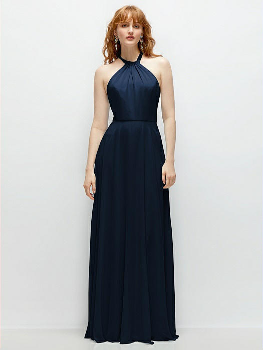 Shirred Halter Chiffon Maxi Dress with Back Sash-Tie Closure