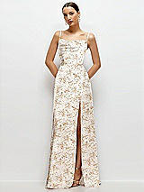 Front View Thumbnail - Golden Hour Floral Cowl Neck Satin Maxi Dress with Adjustable Spaghetti Straps