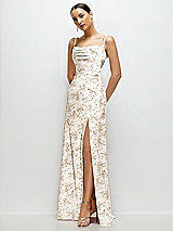 Side View Thumbnail - Golden Hour Floral Cowl Neck Satin Maxi Dress with Adjustable Spaghetti Straps