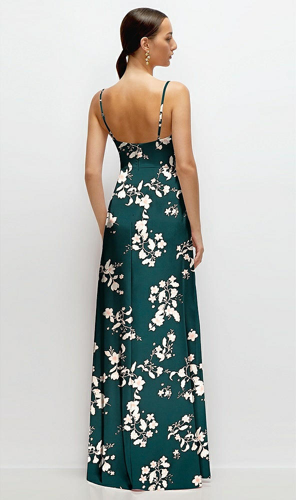 Back View - Vintage Primrose Evergreen Floral Cowl Neck Satin Maxi Dress with Adjustable Spaghetti Straps