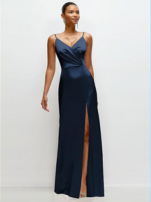 Pleated Faux Wrap Satin Maxi Dress with Adjustable Spaghetti Straps