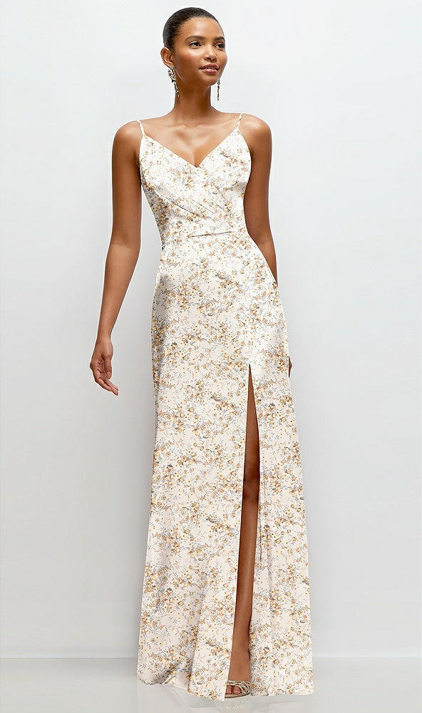 Front View - Golden Hour Floral Pleated Faux Wrap Satin Maxi Dress with Adjustable Spaghetti Straps