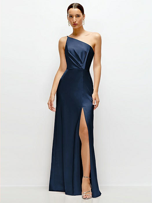 Pleated One-Shoulder Satin Maxi Dress with A-Line Skirt